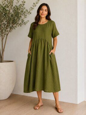 Linenbee Olive Green Lagenlook Pockets Gathered Linen Midi Dress 0S